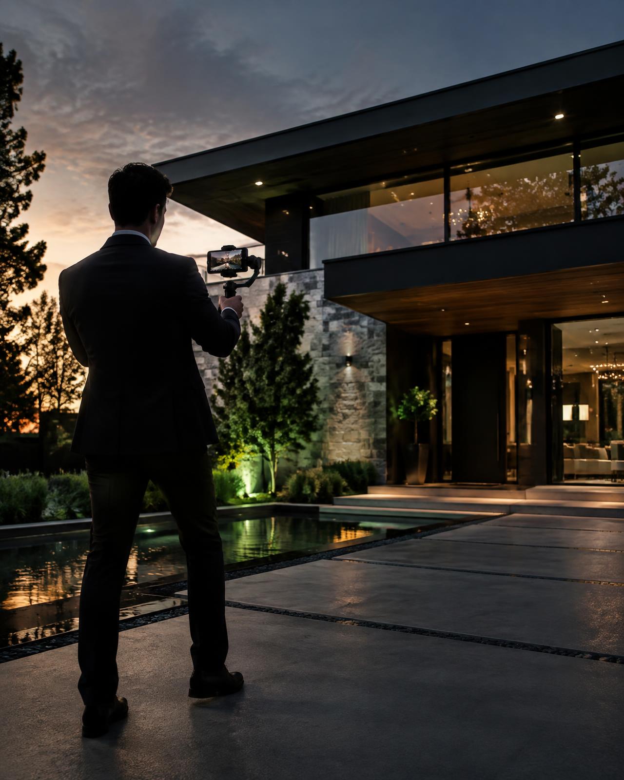Real estate agent filming a premium modern property at dusk